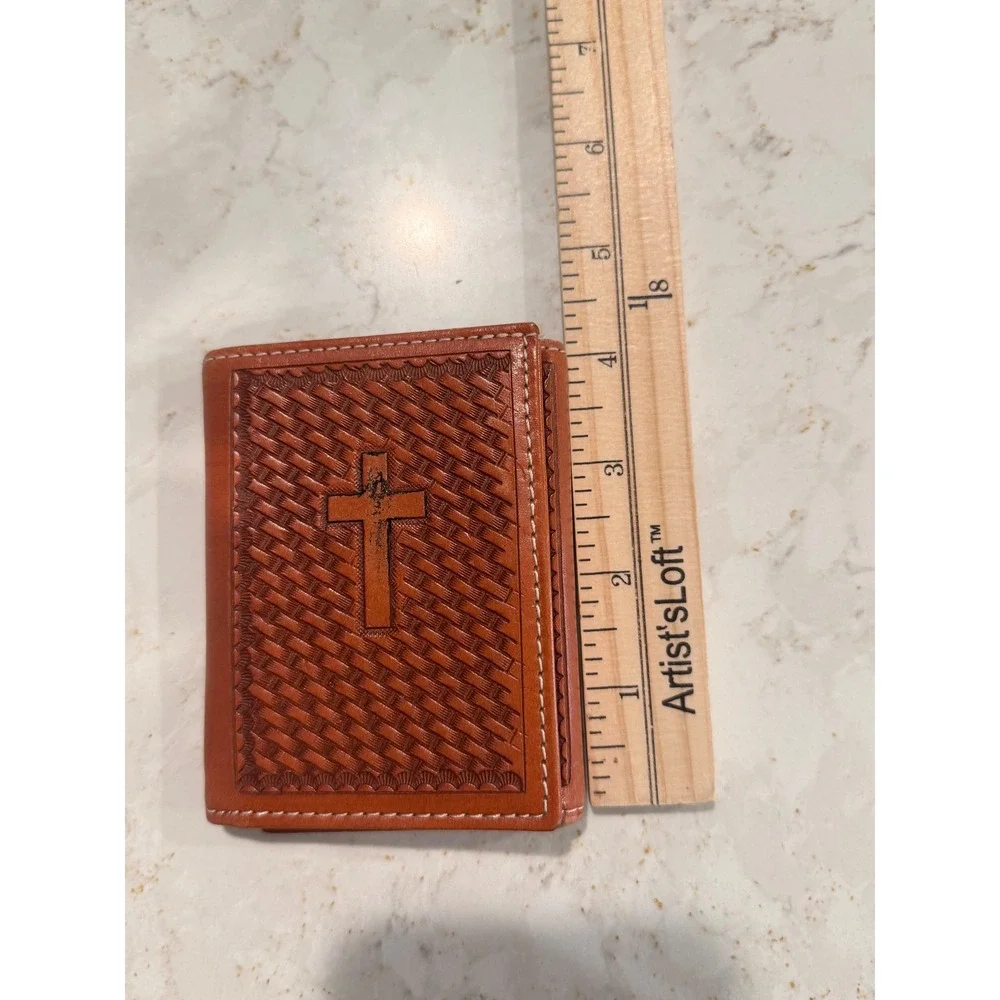 Cowboy Chrome Handtooled Leather Trifold Wallet Brown Basketweave Cross Mens